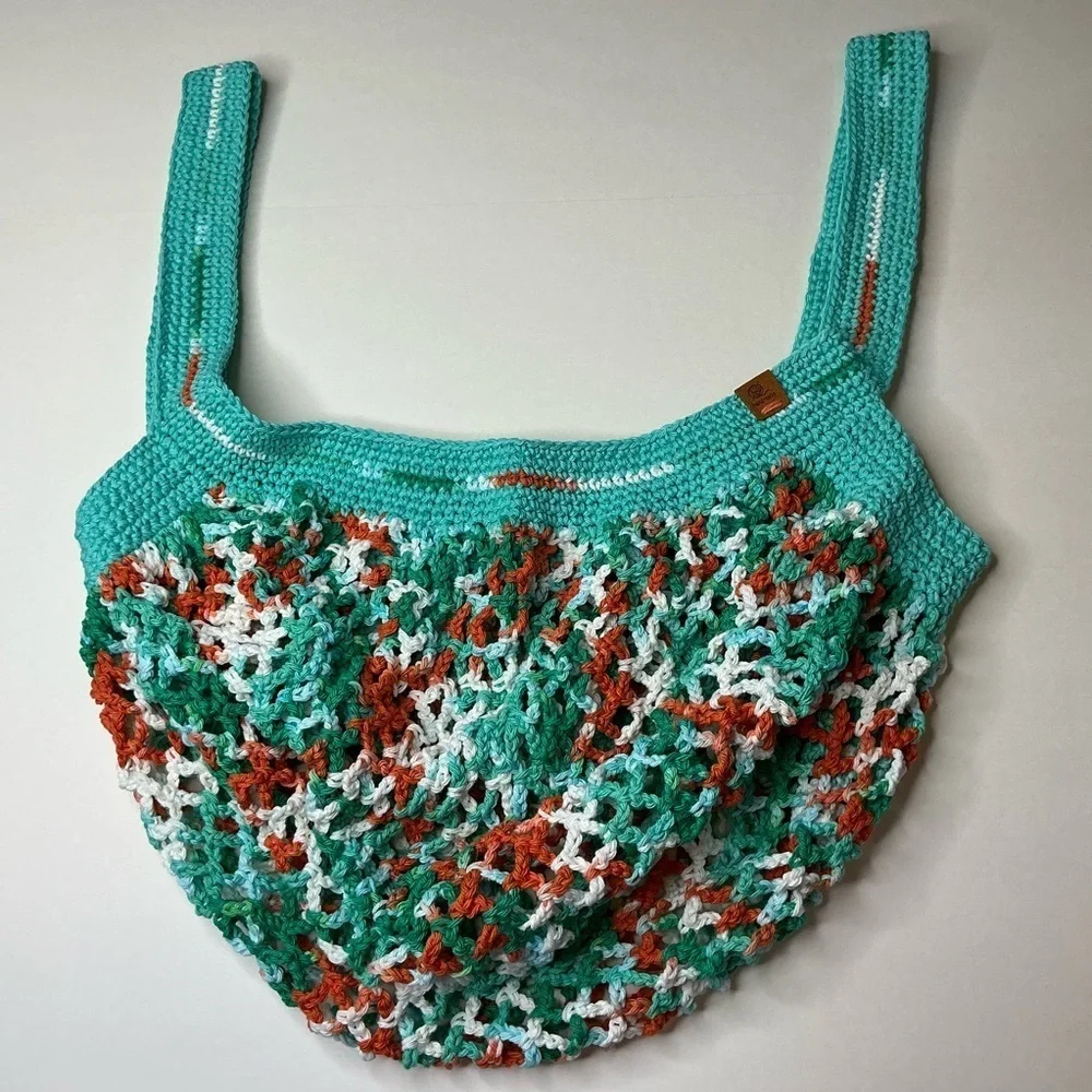 Large‎ Crochet Mesh Market Bag Teal White Cotton Handcrafted Handmade Reusable